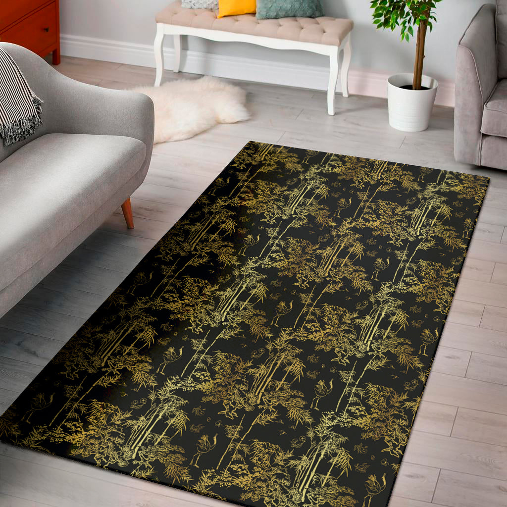 Gold And Black Japanese Bamboo Print Area Rug