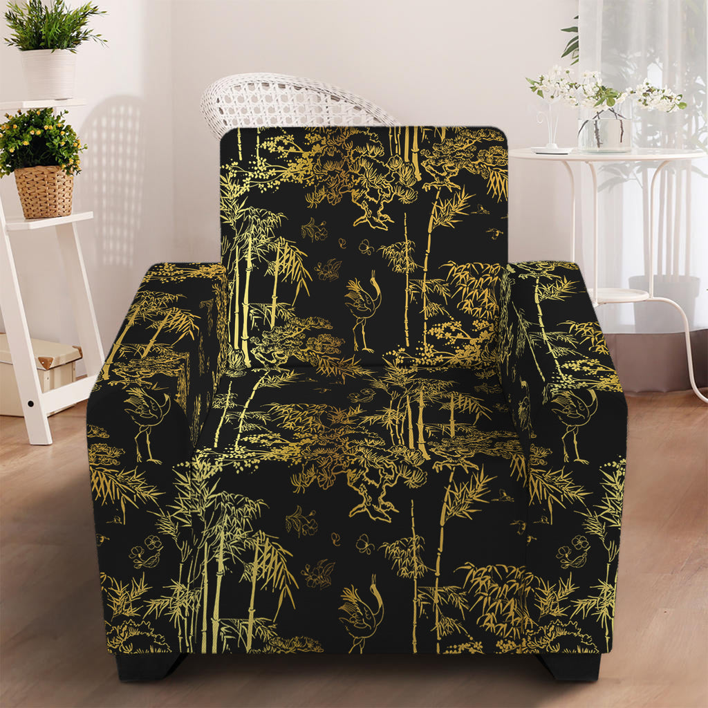 Gold And Black Japanese Bamboo Print Armchair Slipcover