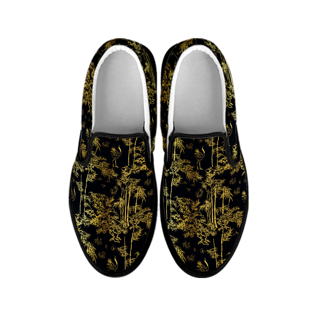 Gold And Black Japanese Bamboo Print Black Slip On Shoes