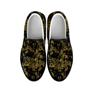 Gold And Black Japanese Bamboo Print Black Slip On Shoes