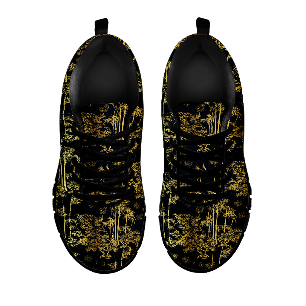 Gold And Black Japanese Bamboo Print Black Sneakers