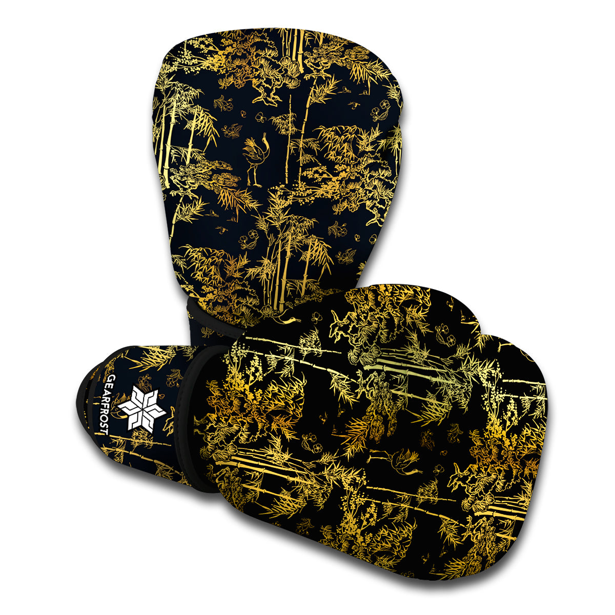 Gold And Black Japanese Bamboo Print Boxing Gloves