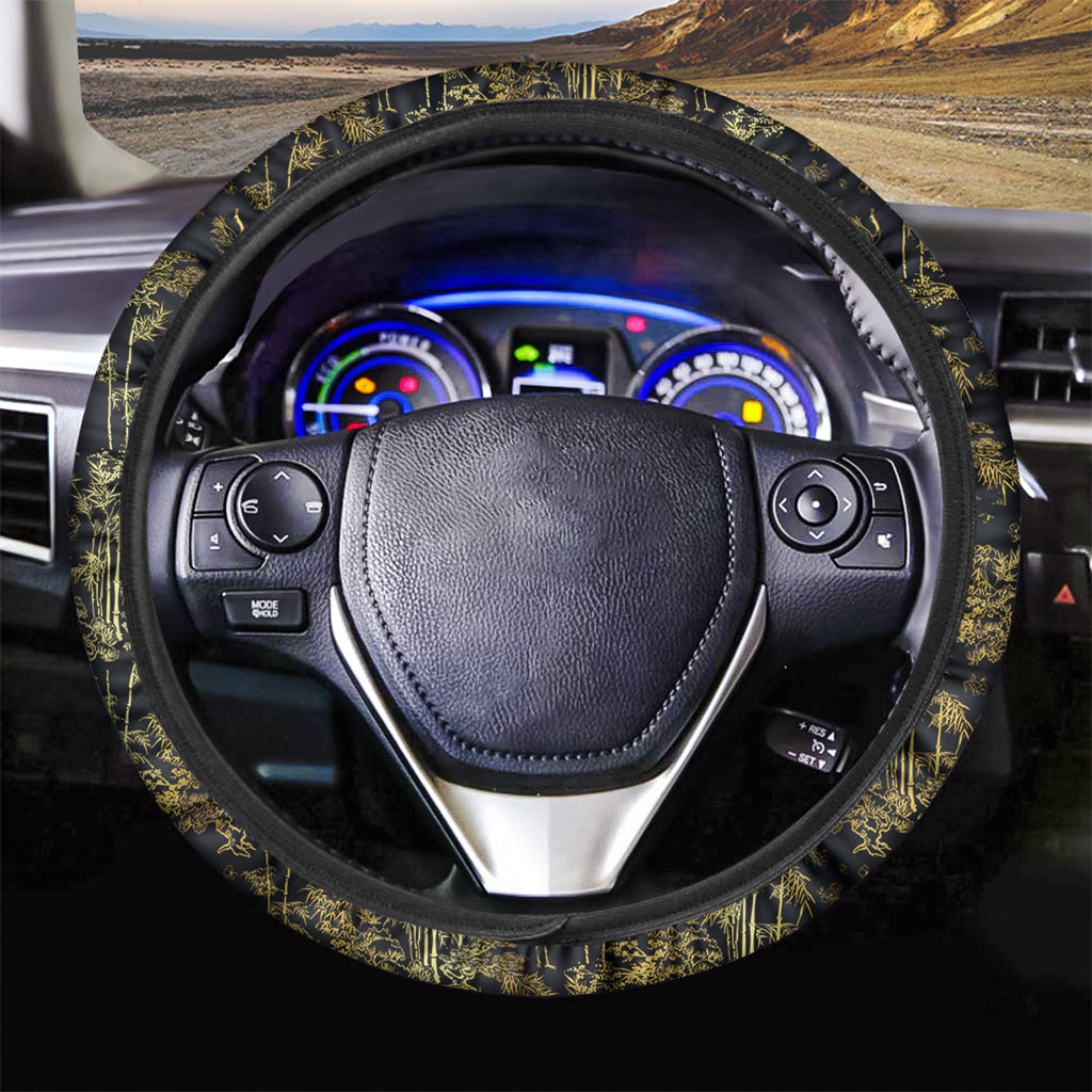 Gold And Black Japanese Bamboo Print Car Steering Wheel Cover