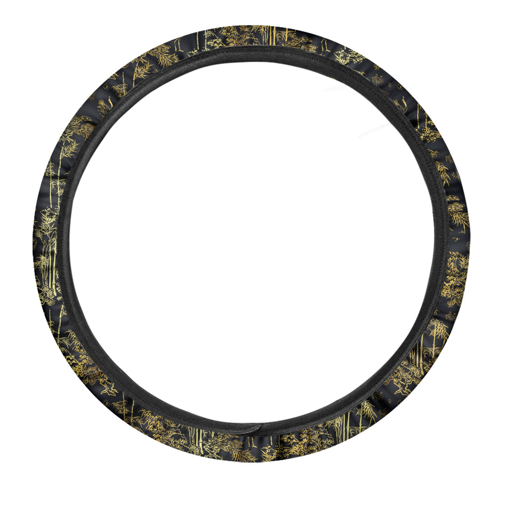 Gold And Black Japanese Bamboo Print Car Steering Wheel Cover