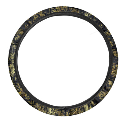 Gold And Black Japanese Bamboo Print Car Steering Wheel Cover