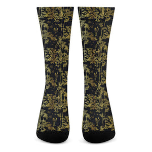 Gold And Black Japanese Bamboo Print Crew Socks