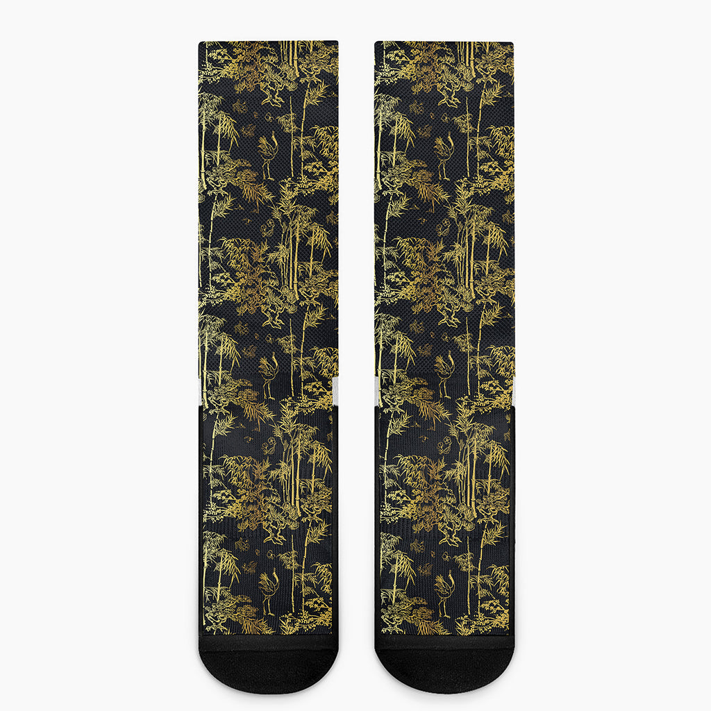 Gold And Black Japanese Bamboo Print Crew Socks