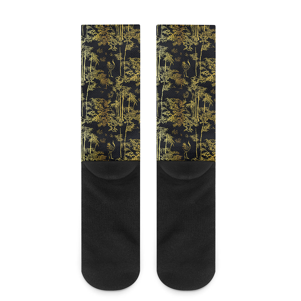 Gold And Black Japanese Bamboo Print Crew Socks