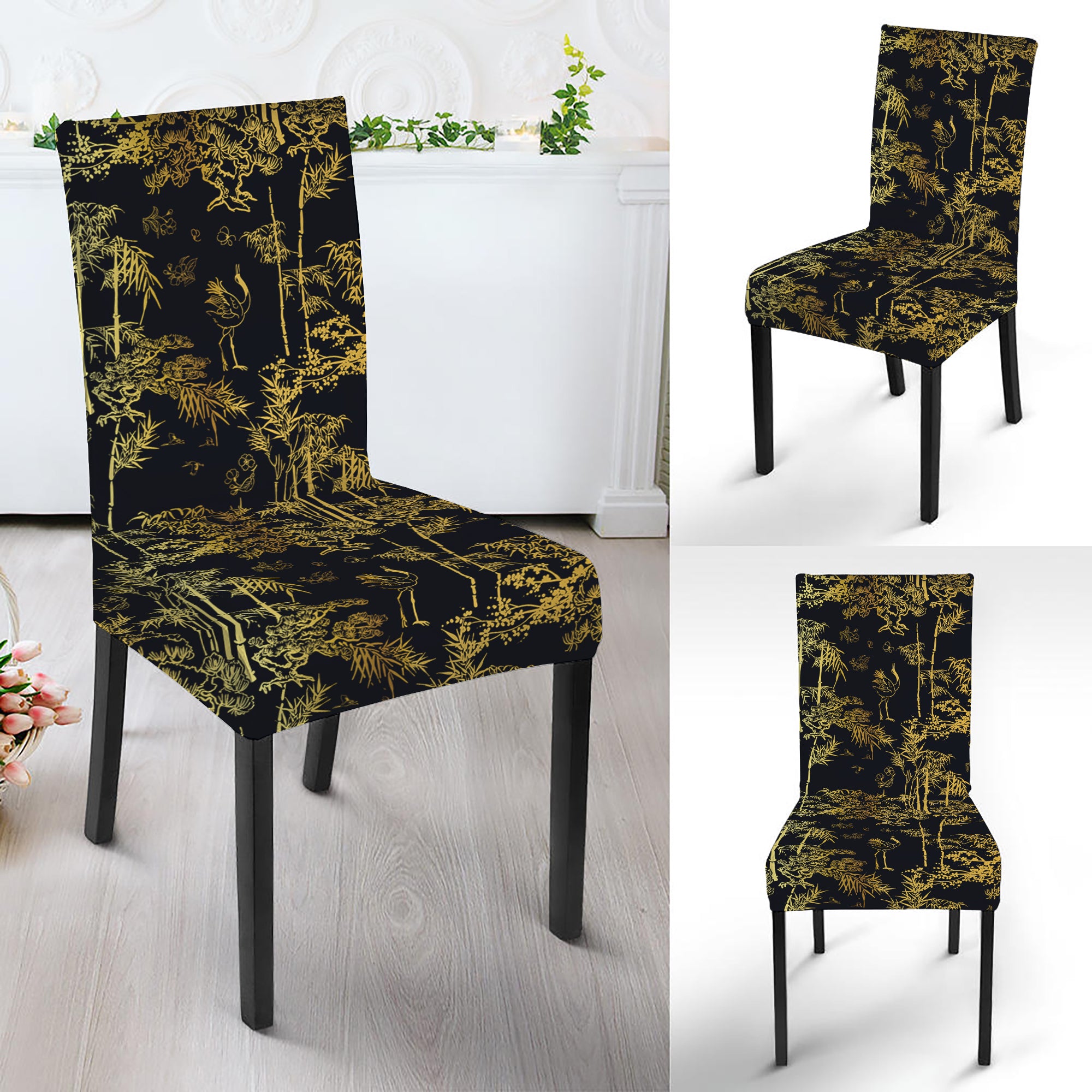 Gold And Black Japanese Bamboo Print Dining Chair Slipcover