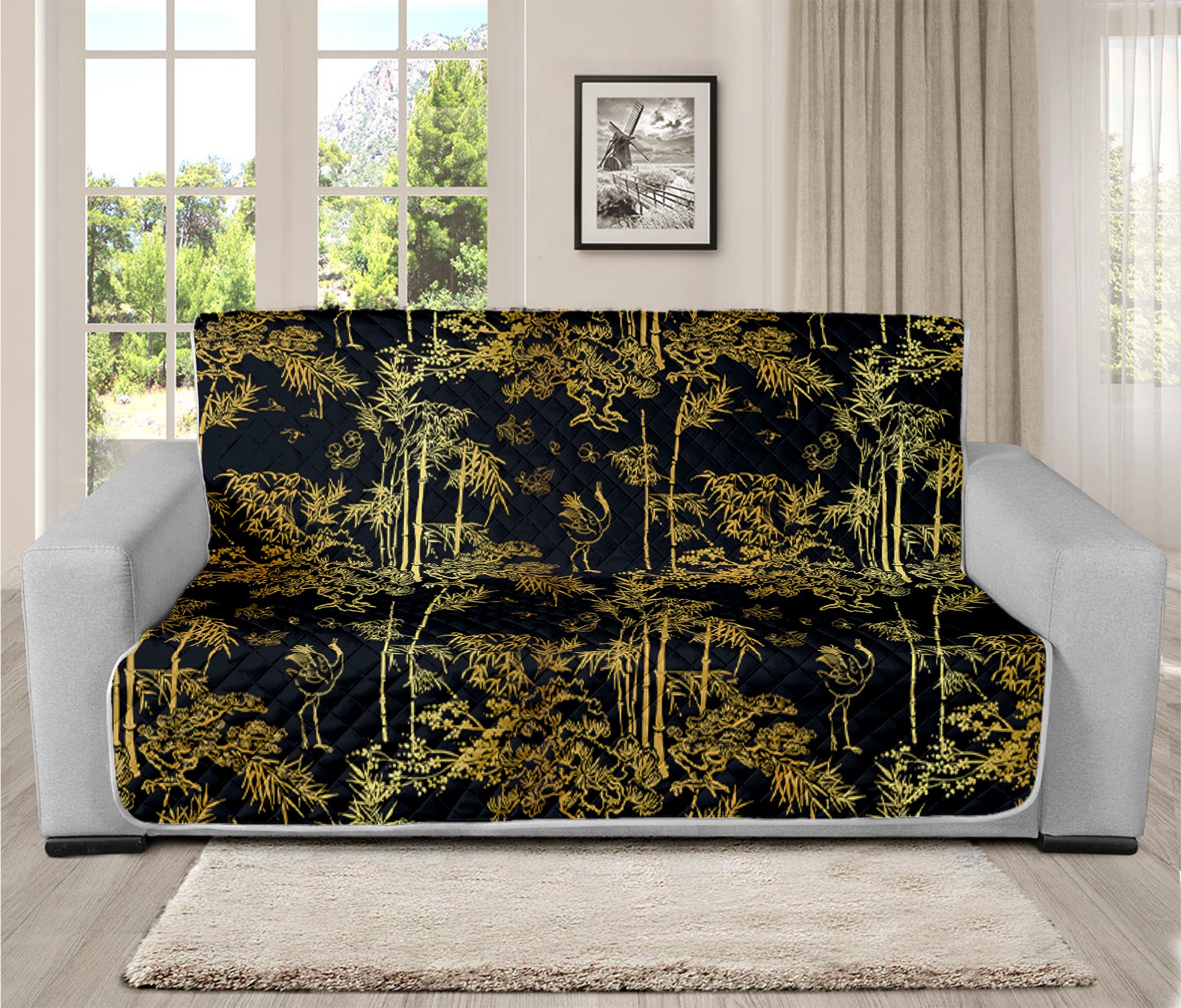 Gold And Black Japanese Bamboo Print Futon Protector