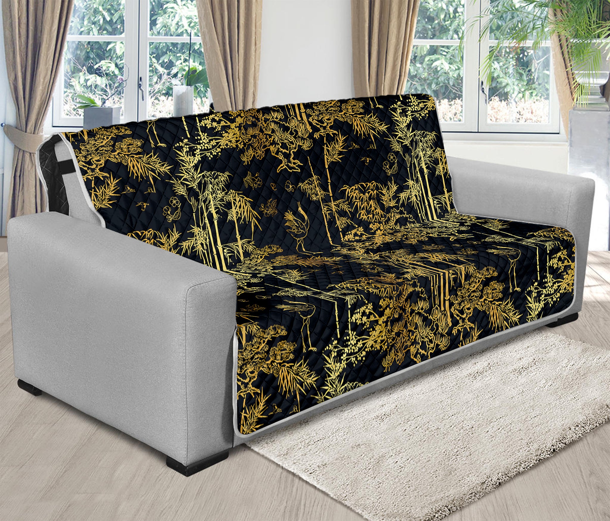 Gold And Black Japanese Bamboo Print Futon Protector