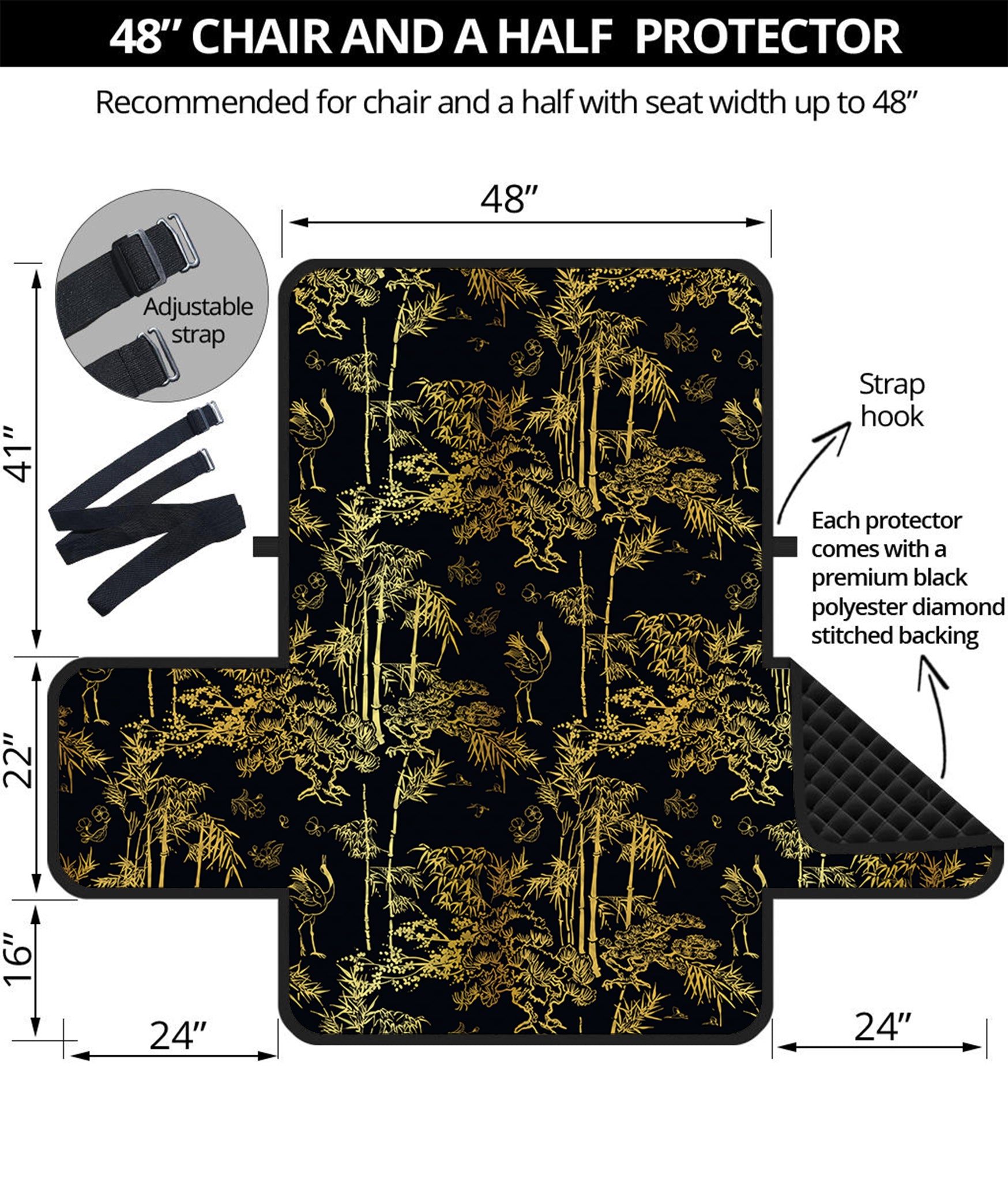 Gold And Black Japanese Bamboo Print Half Sofa Protector