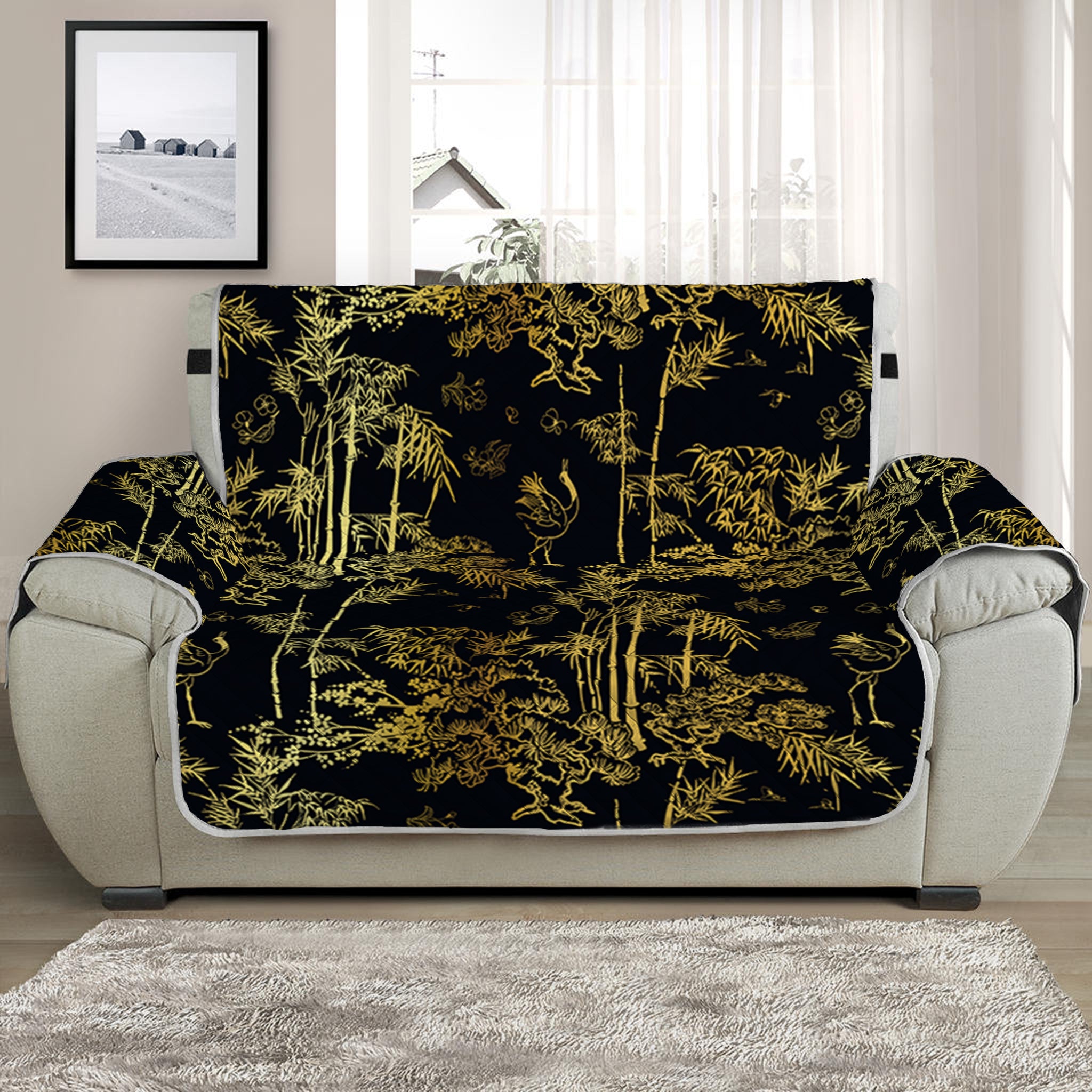 Gold And Black Japanese Bamboo Print Half Sofa Protector