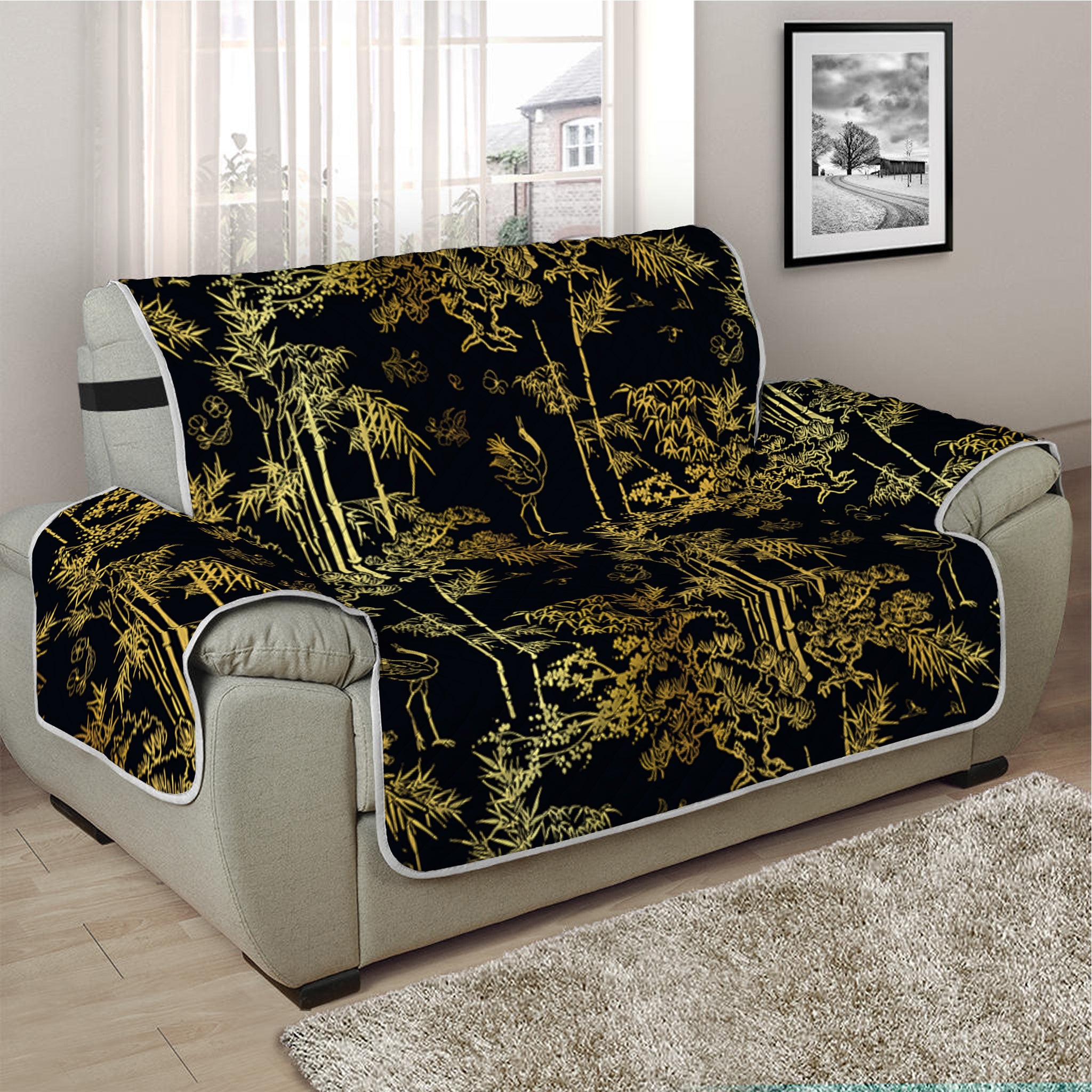 Gold And Black Japanese Bamboo Print Half Sofa Protector