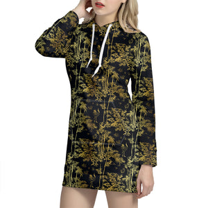 Gold And Black Japanese Bamboo Print Hoodie Dress