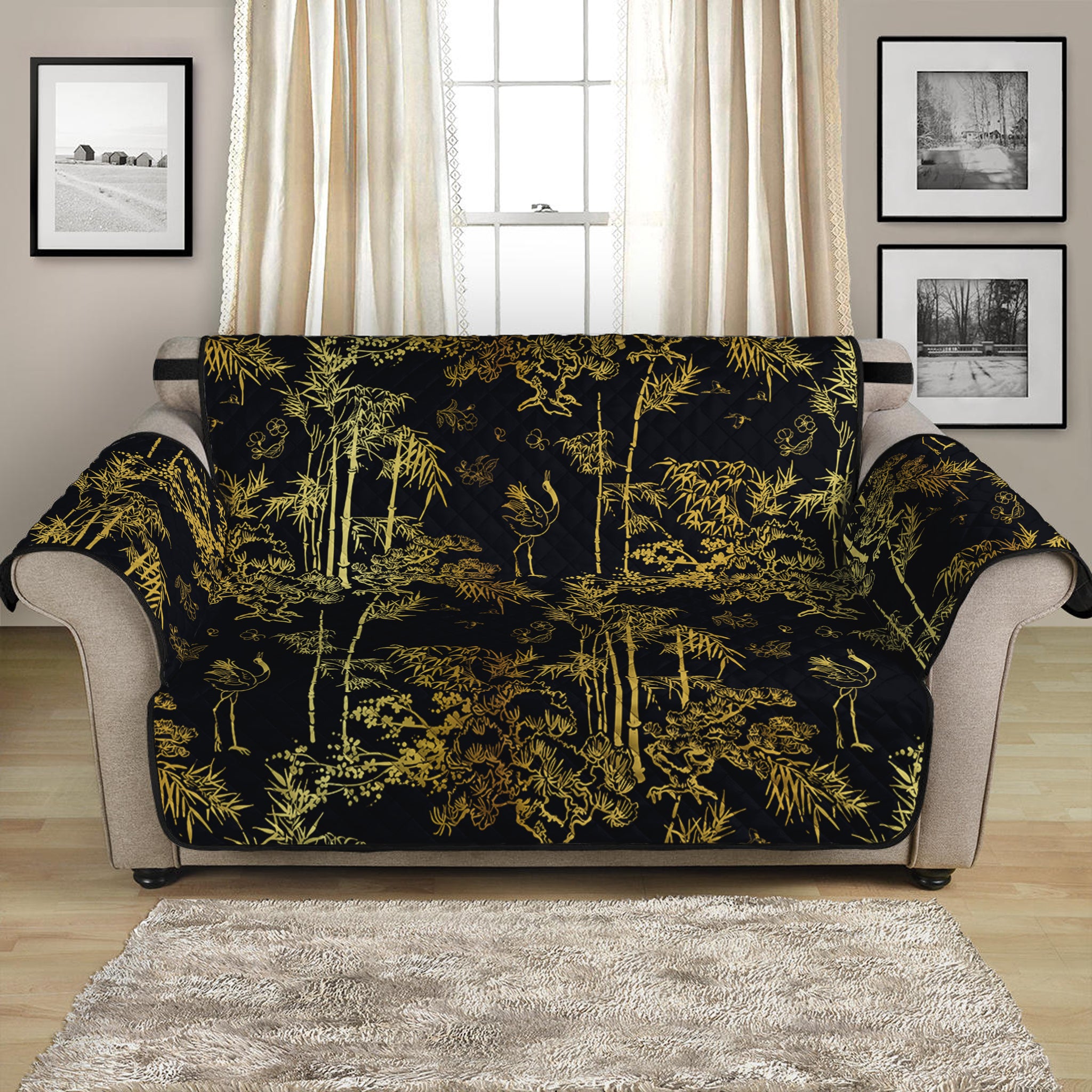 Gold And Black Japanese Bamboo Print Loveseat Protector