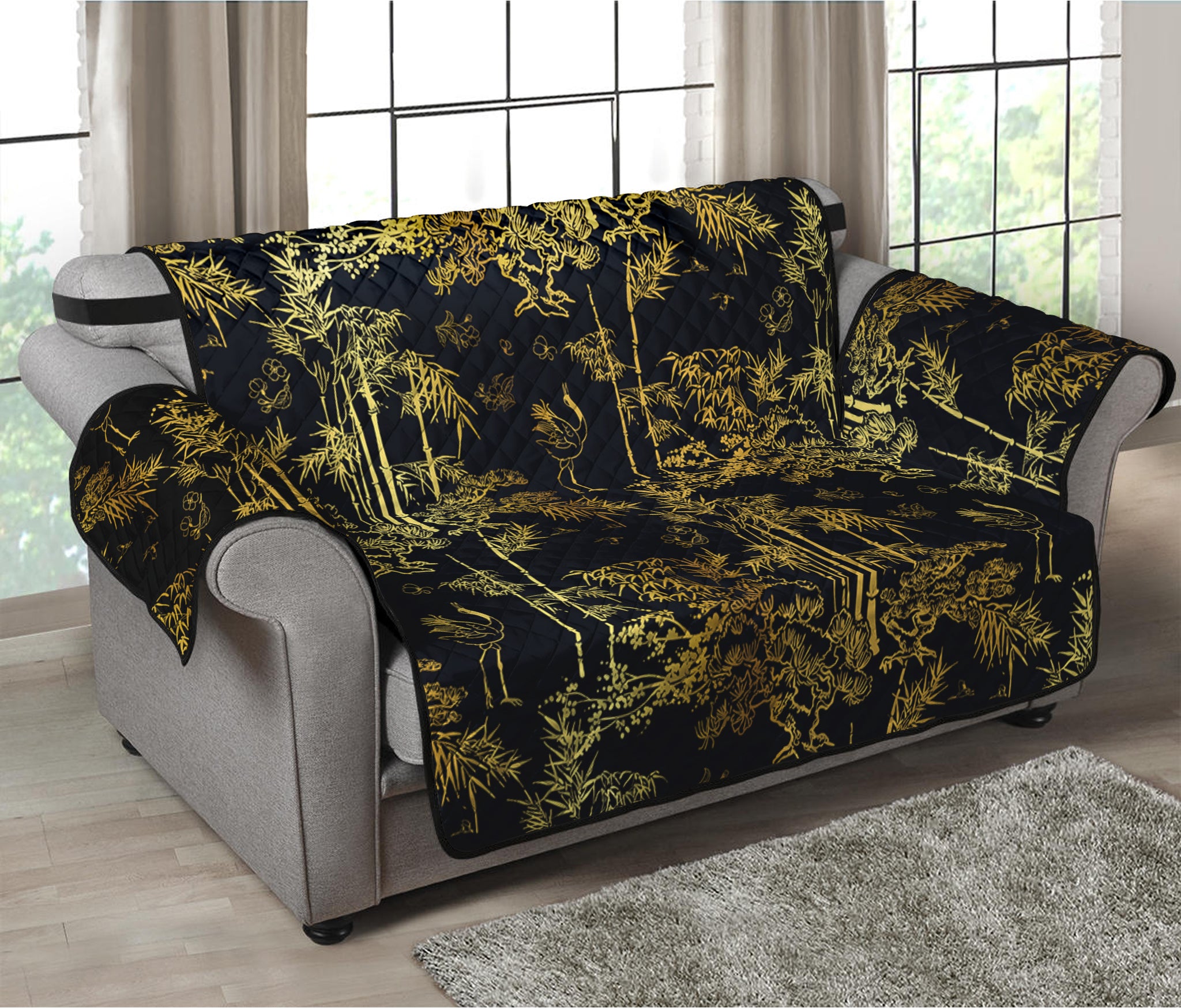 Gold And Black Japanese Bamboo Print Loveseat Protector