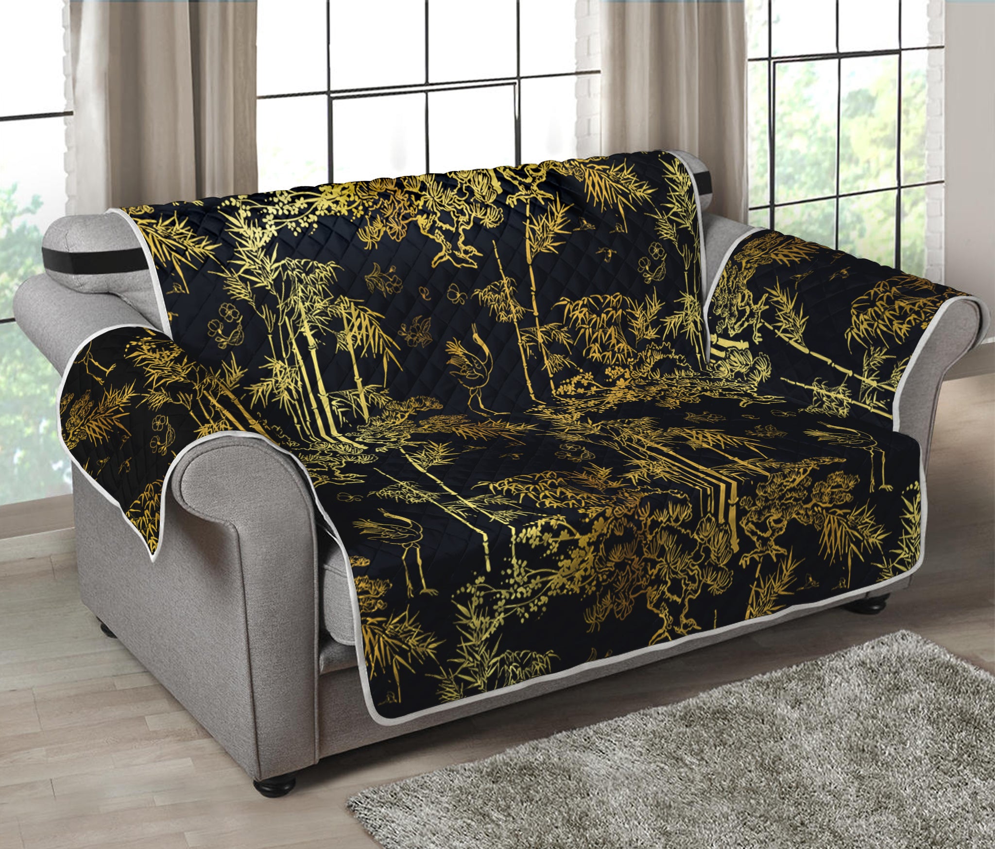 Gold And Black Japanese Bamboo Print Loveseat Protector