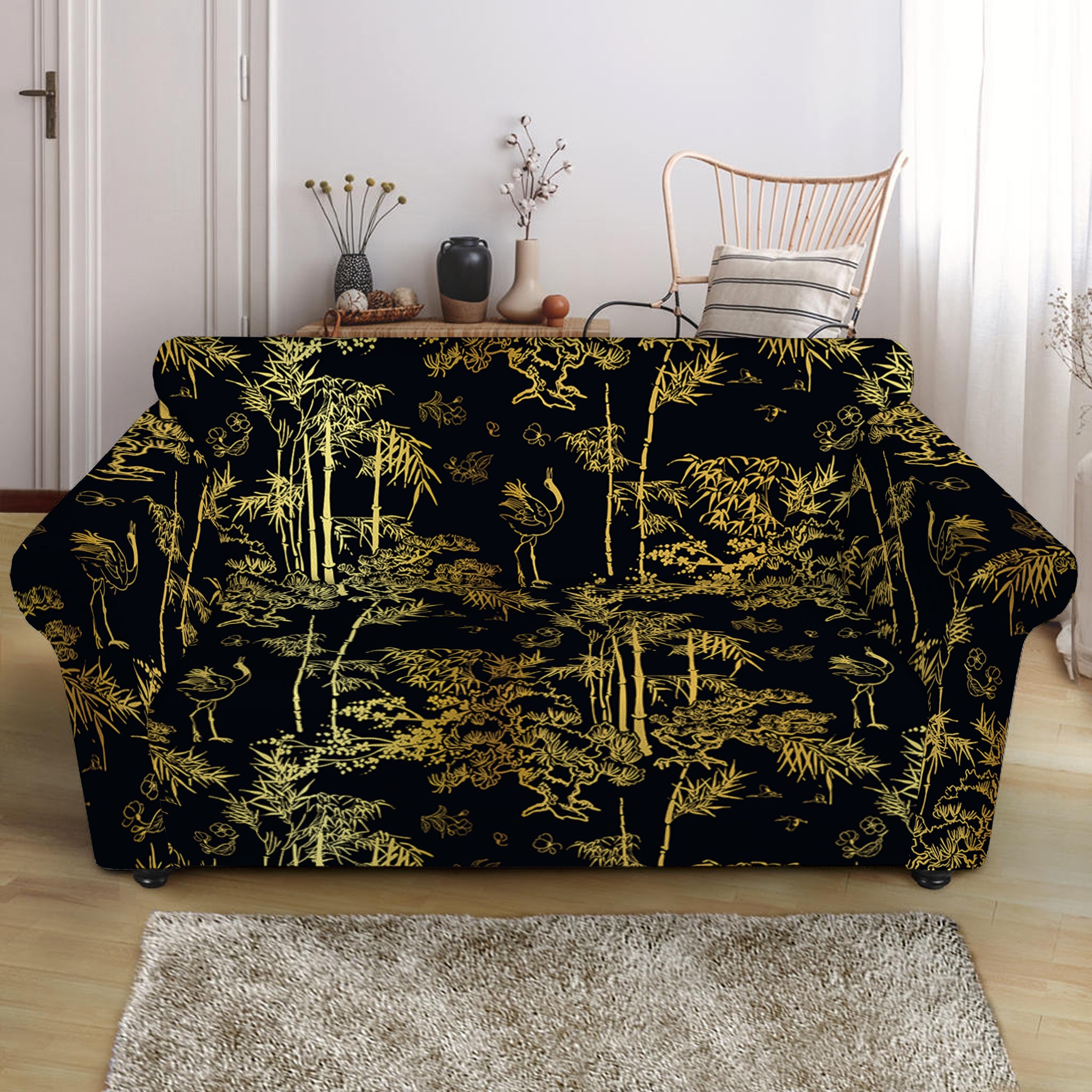 Gold And Black Japanese Bamboo Print Loveseat Slipcover