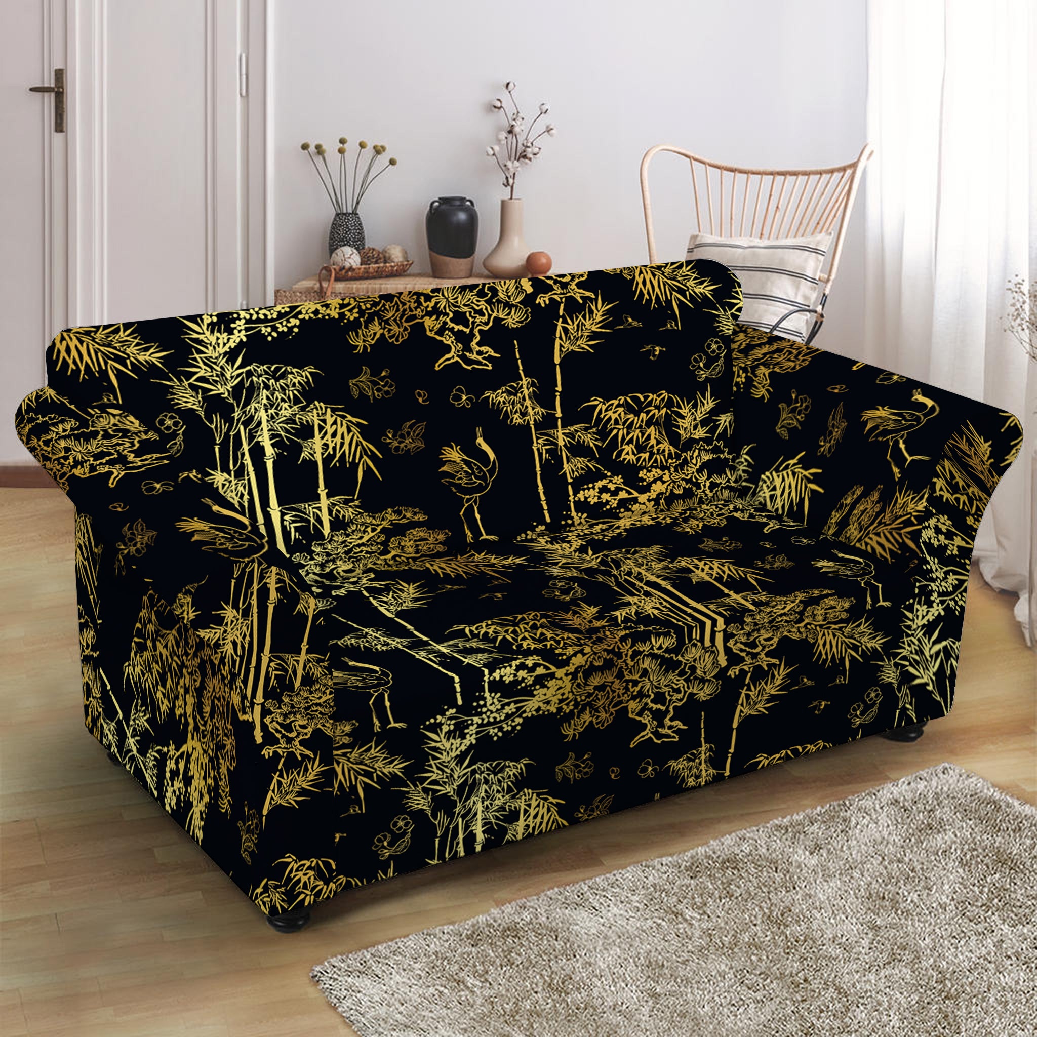 Gold And Black Japanese Bamboo Print Loveseat Slipcover