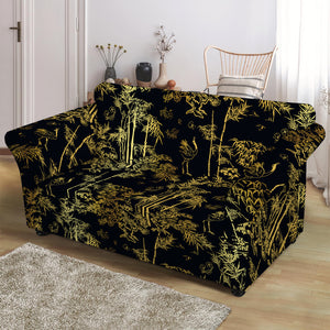 Gold And Black Japanese Bamboo Print Loveseat Slipcover