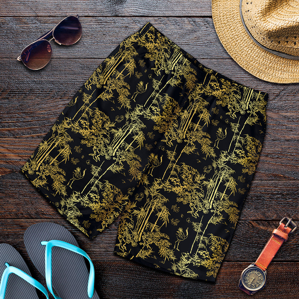 Gold And Black Japanese Bamboo Print Men's Shorts