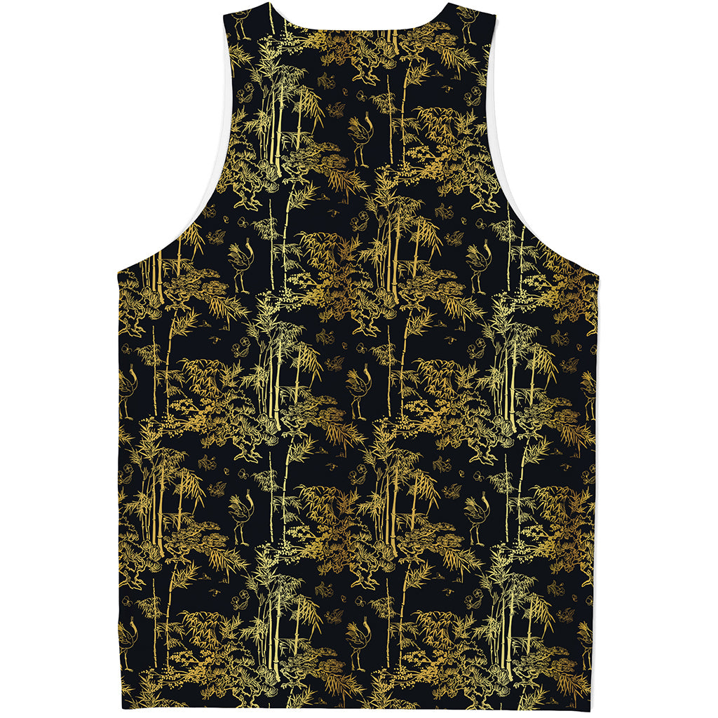 Gold And Black Japanese Bamboo Print Men's Tank Top