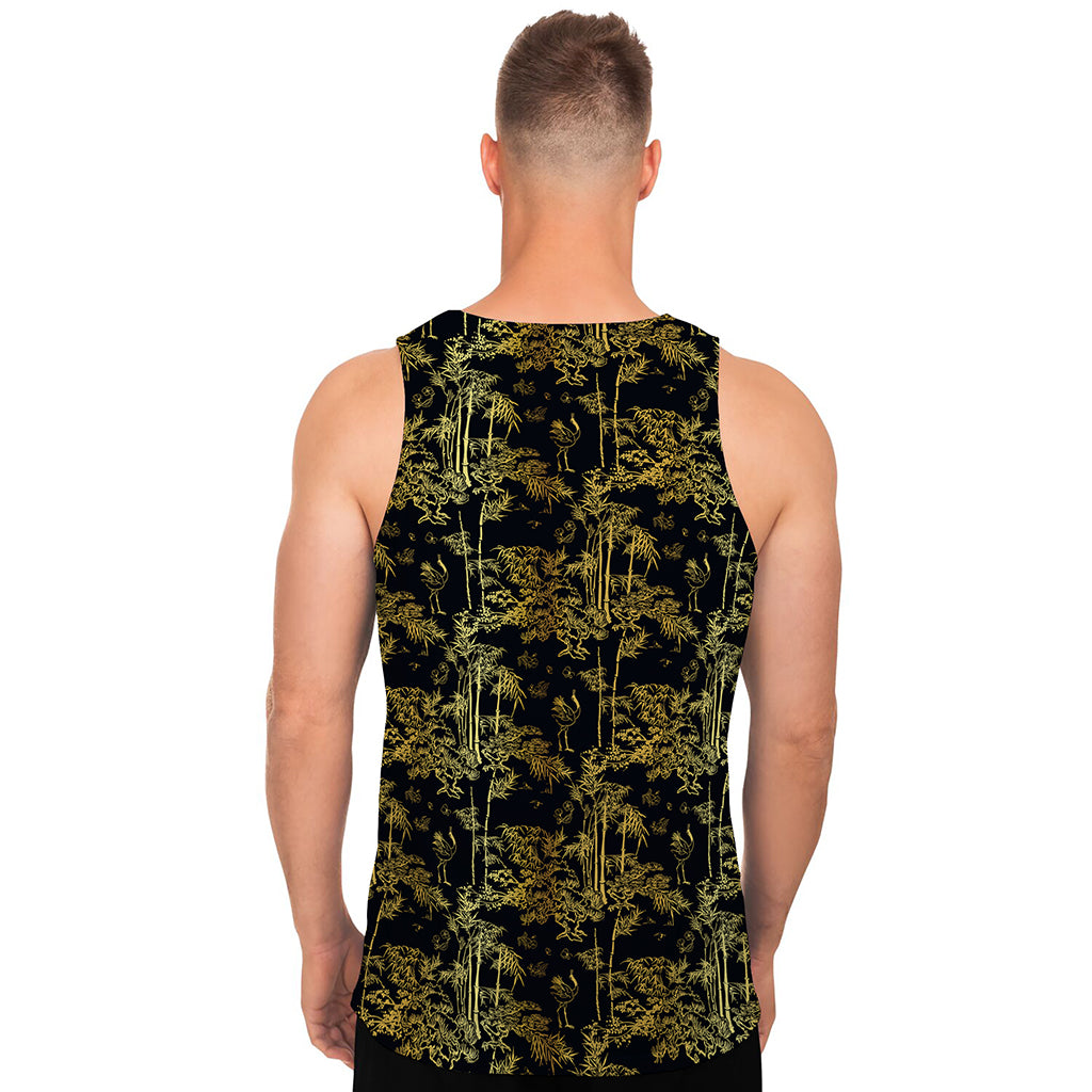 Gold And Black Japanese Bamboo Print Men's Tank Top