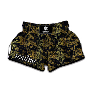 Gold And Black Japanese Bamboo Print Muay Thai Boxing Shorts