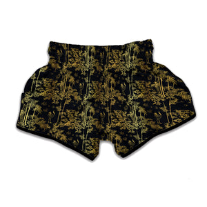 Gold And Black Japanese Bamboo Print Muay Thai Boxing Shorts