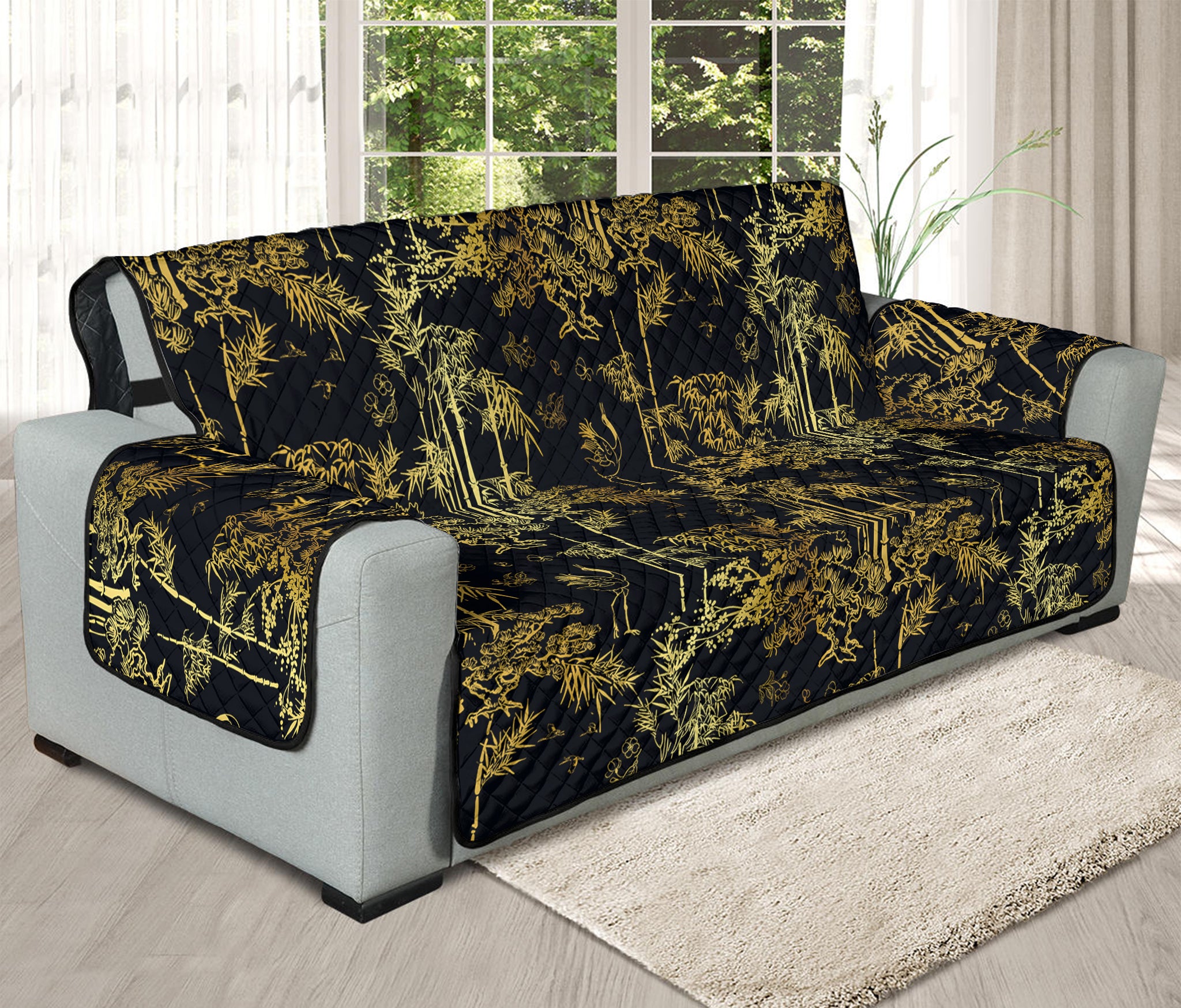 Gold And Black Japanese Bamboo Print Oversized Sofa Protector