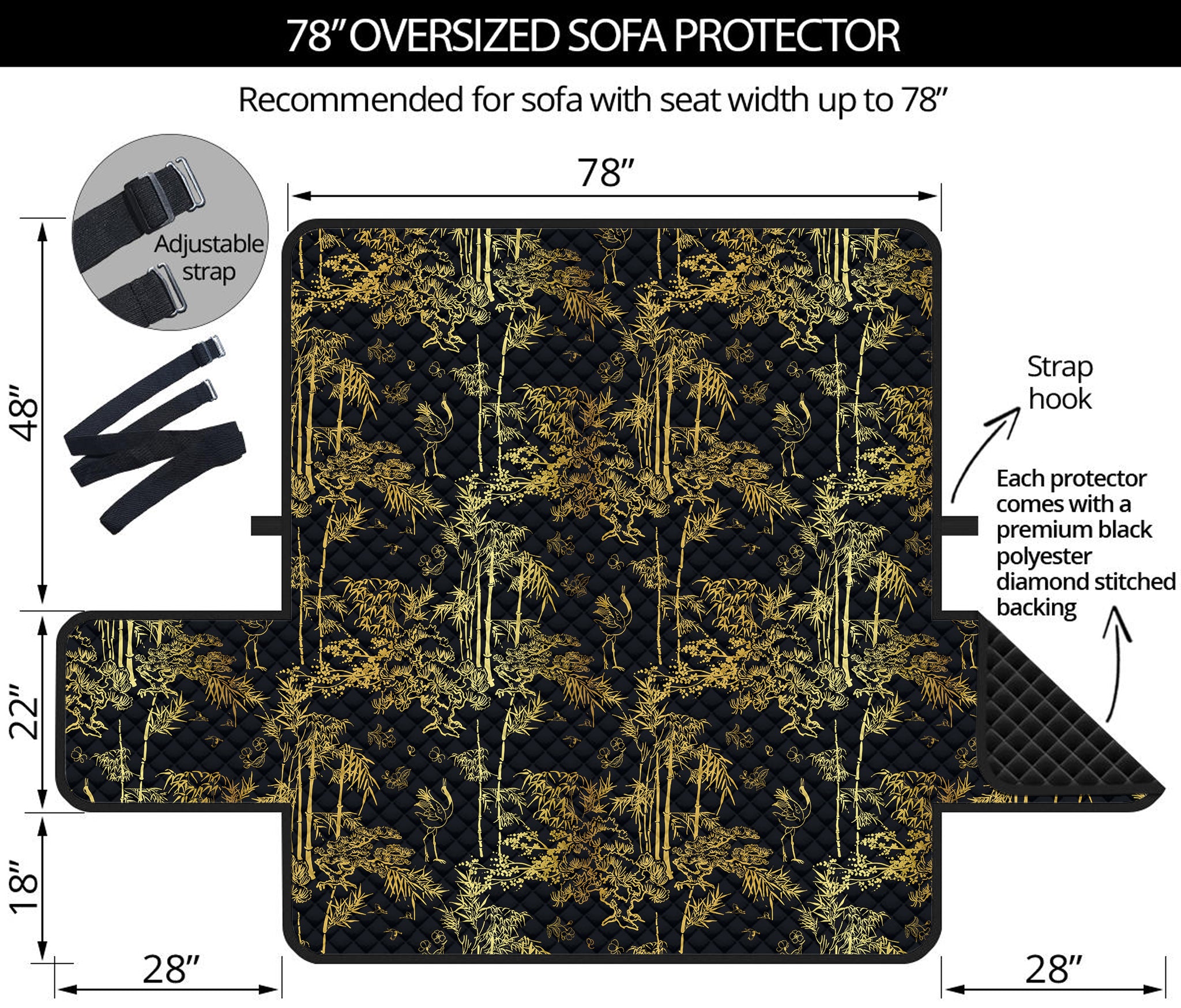 Gold And Black Japanese Bamboo Print Oversized Sofa Protector