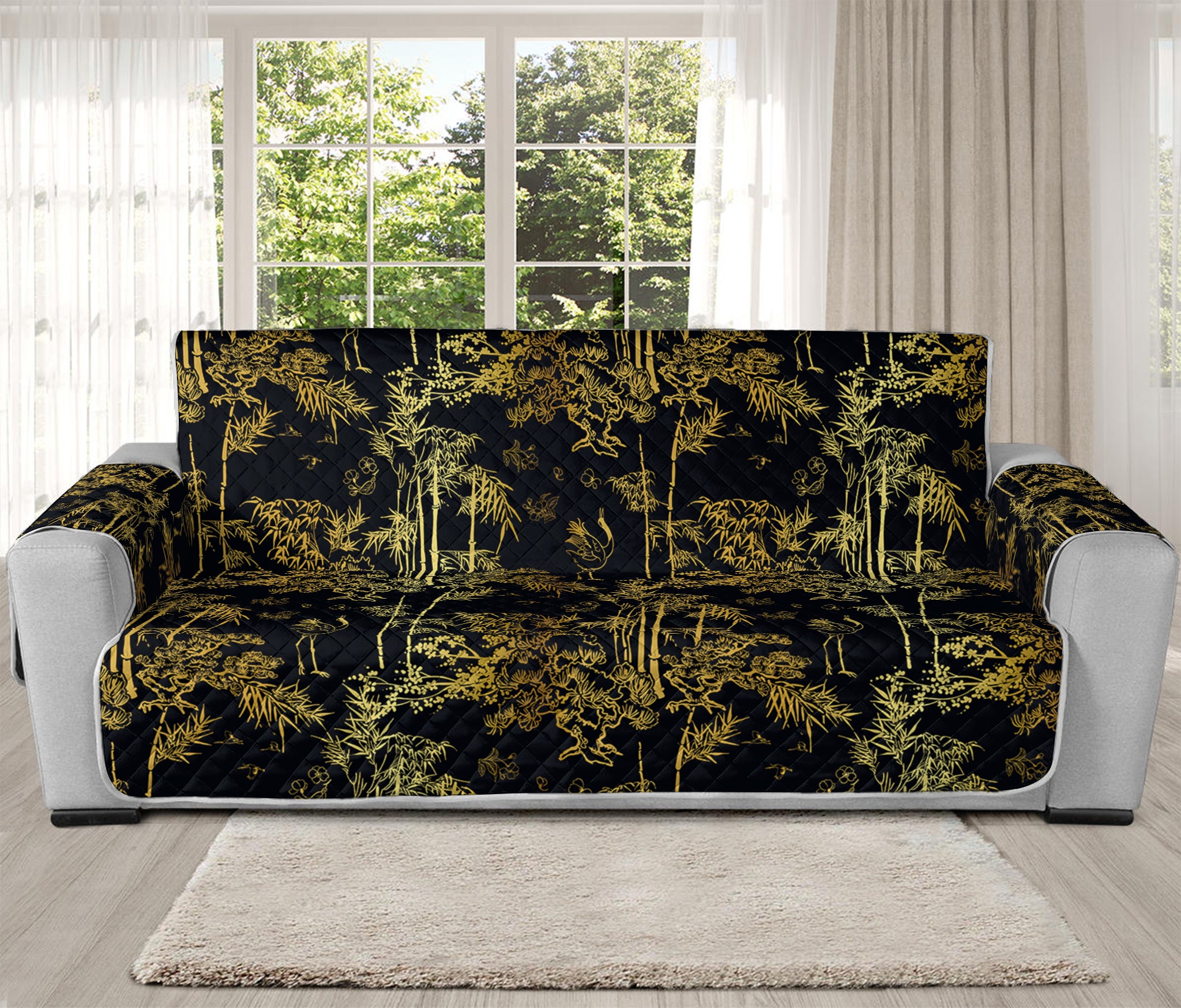 Gold And Black Japanese Bamboo Print Oversized Sofa Protector