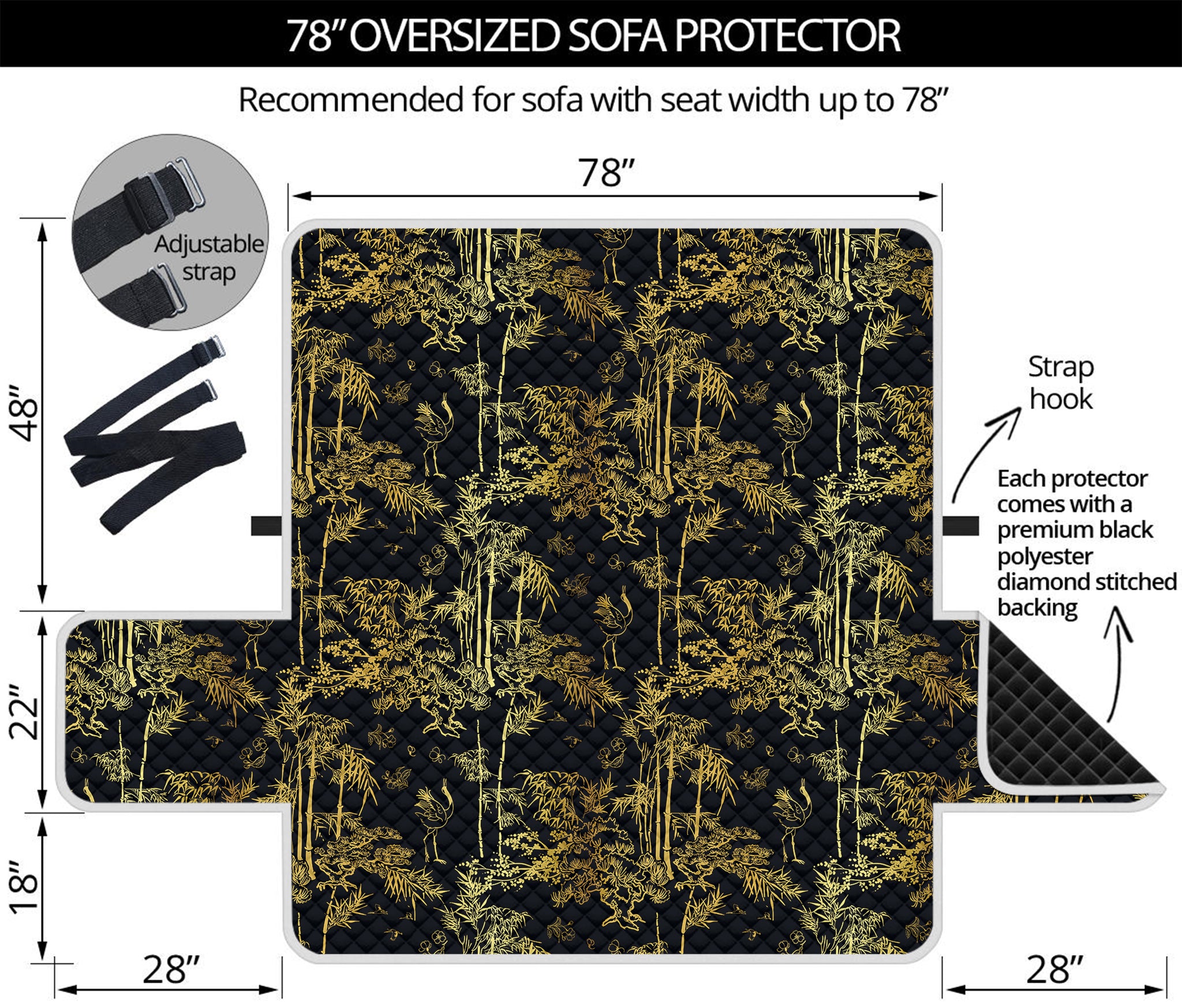 Gold And Black Japanese Bamboo Print Oversized Sofa Protector