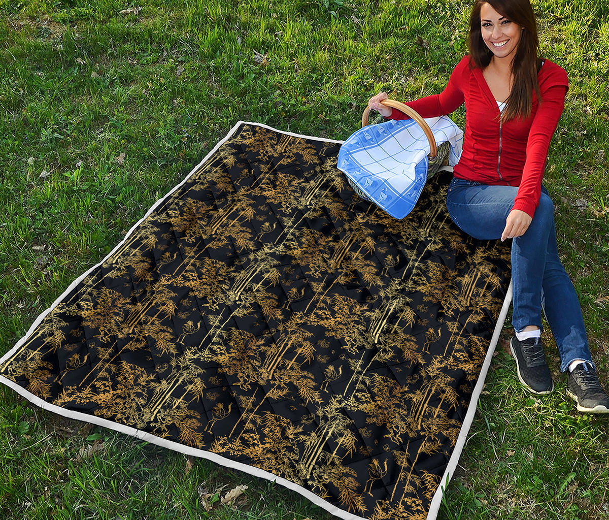 Gold And Black Japanese Bamboo Print Quilt