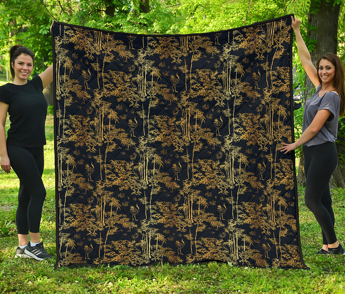 Gold And Black Japanese Bamboo Print Quilt