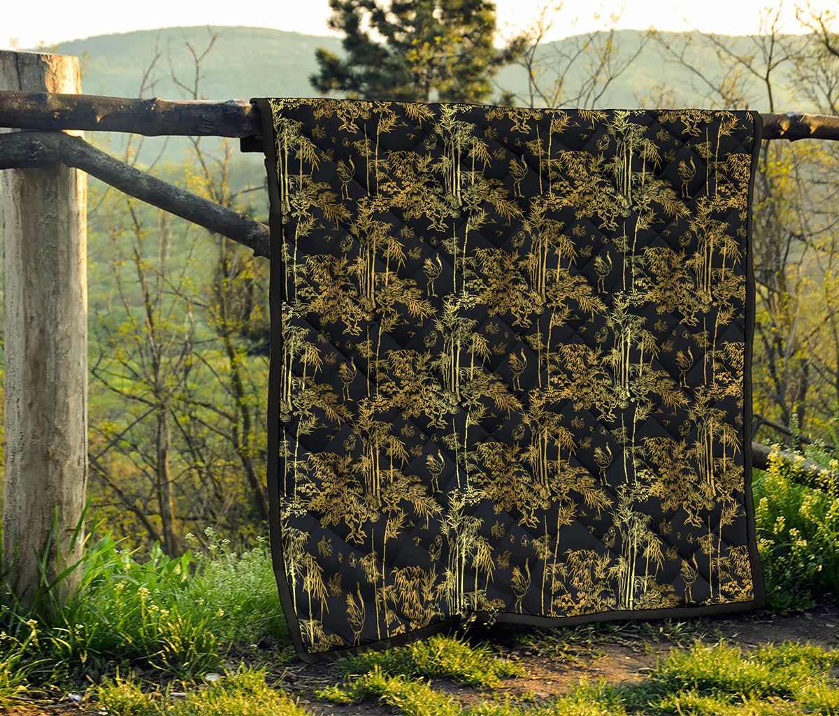 Gold And Black Japanese Bamboo Print Quilt