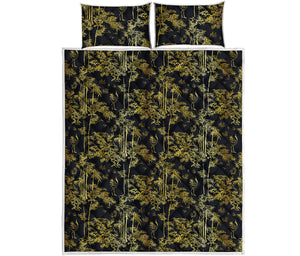 Gold And Black Japanese Bamboo Print Quilt Bed Set