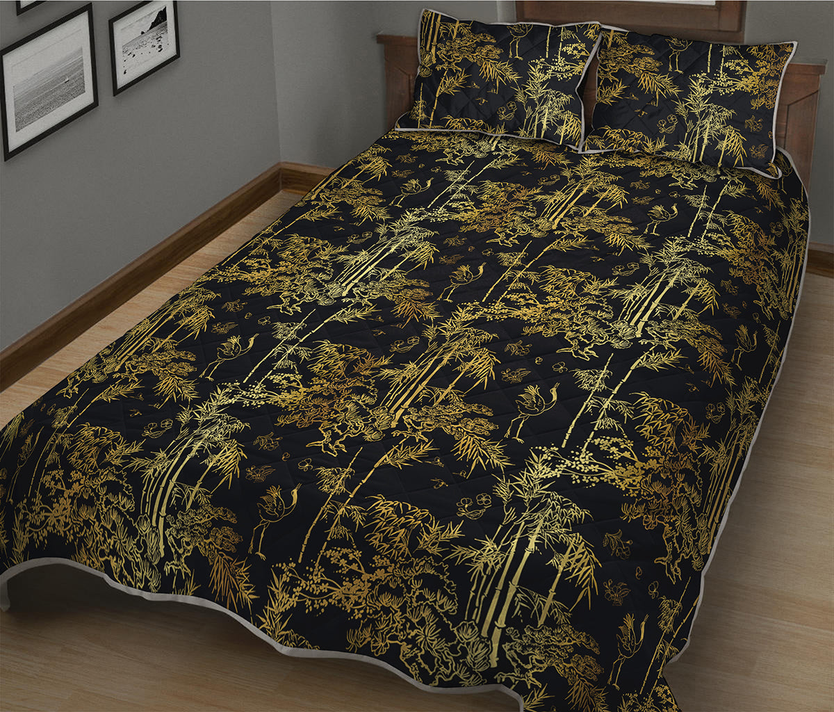 Gold And Black Japanese Bamboo Print Quilt Bed Set