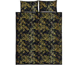 Gold And Black Japanese Bamboo Print Quilt Bed Set