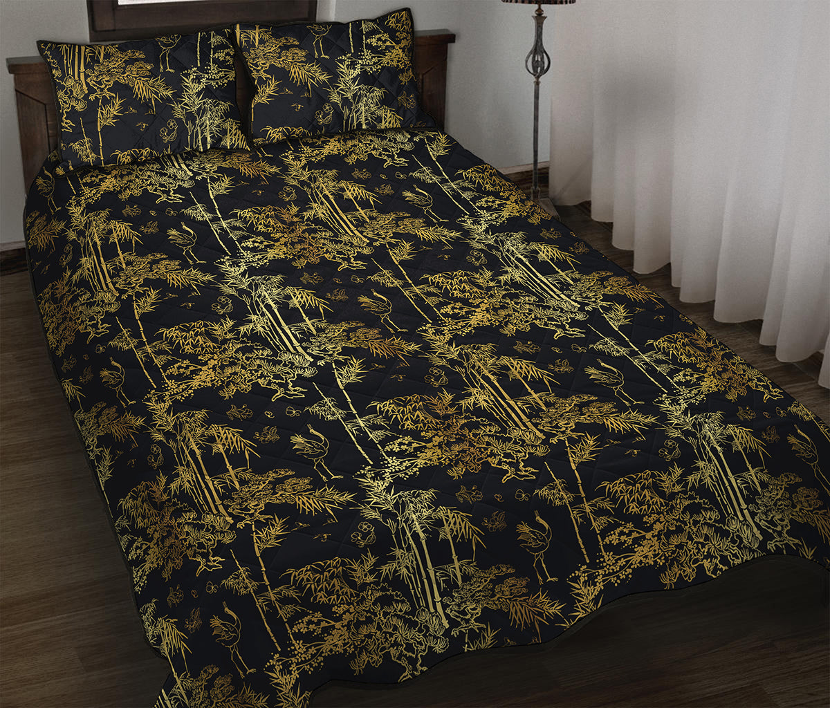 Gold And Black Japanese Bamboo Print Quilt Bed Set