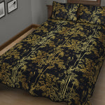 Gold And Black Japanese Bamboo Print Quilt Bed Set