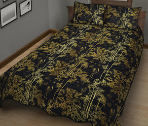 Gold And Black Japanese Bamboo Print Quilt Bed Set