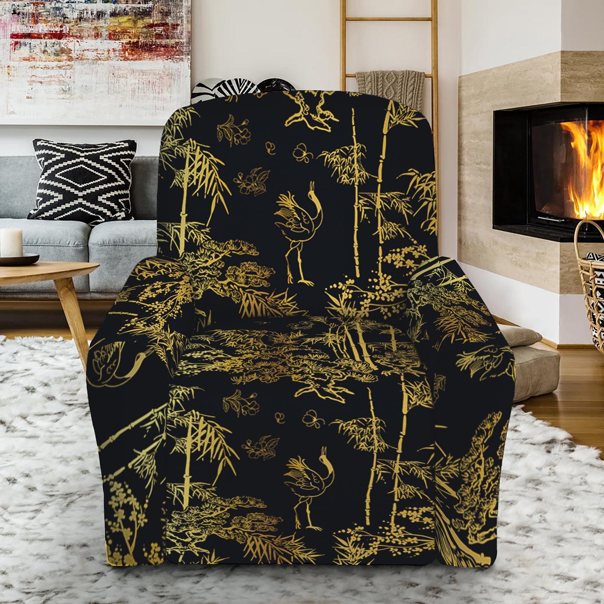 Gold And Black Japanese Bamboo Print Recliner Slipcover