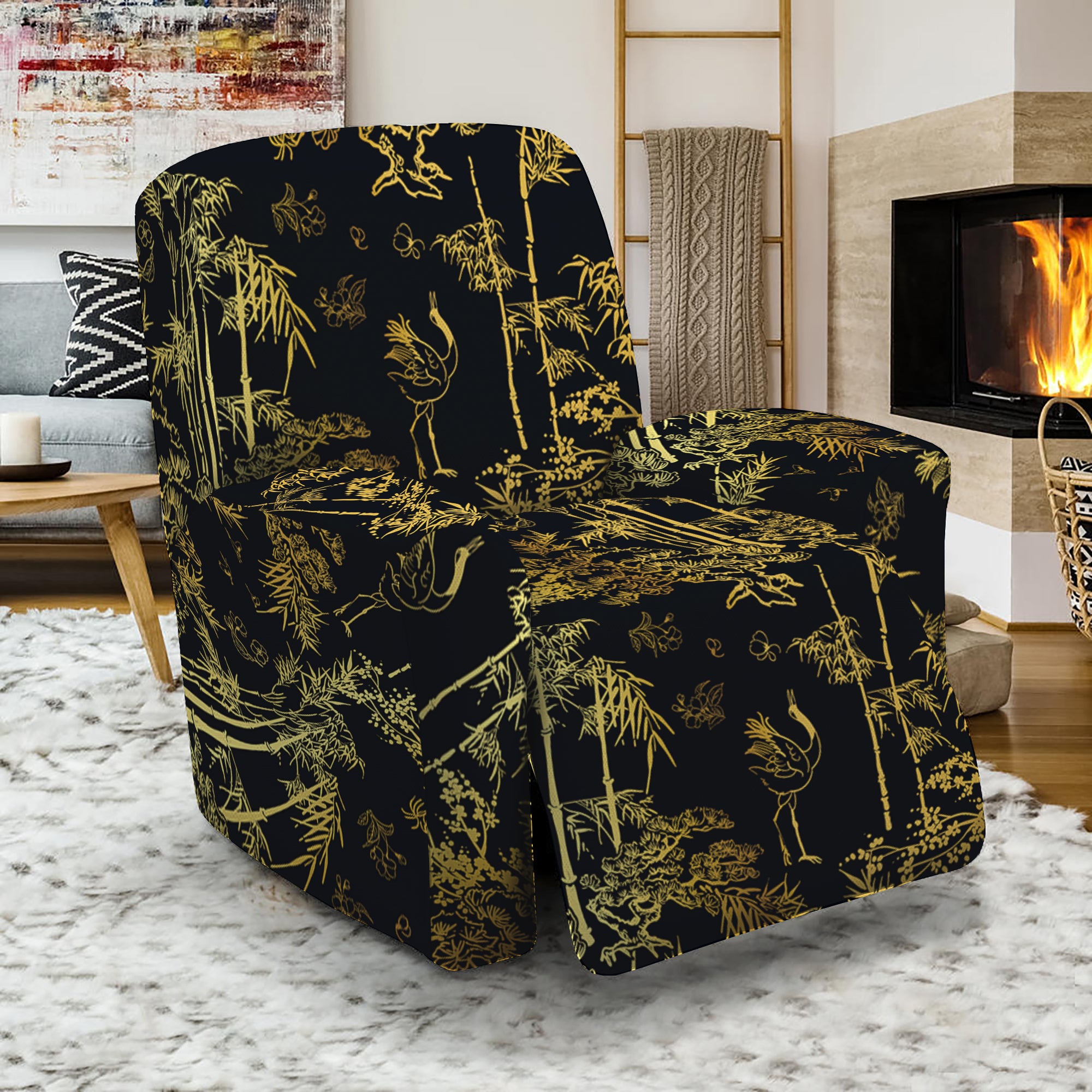 Gold And Black Japanese Bamboo Print Recliner Slipcover