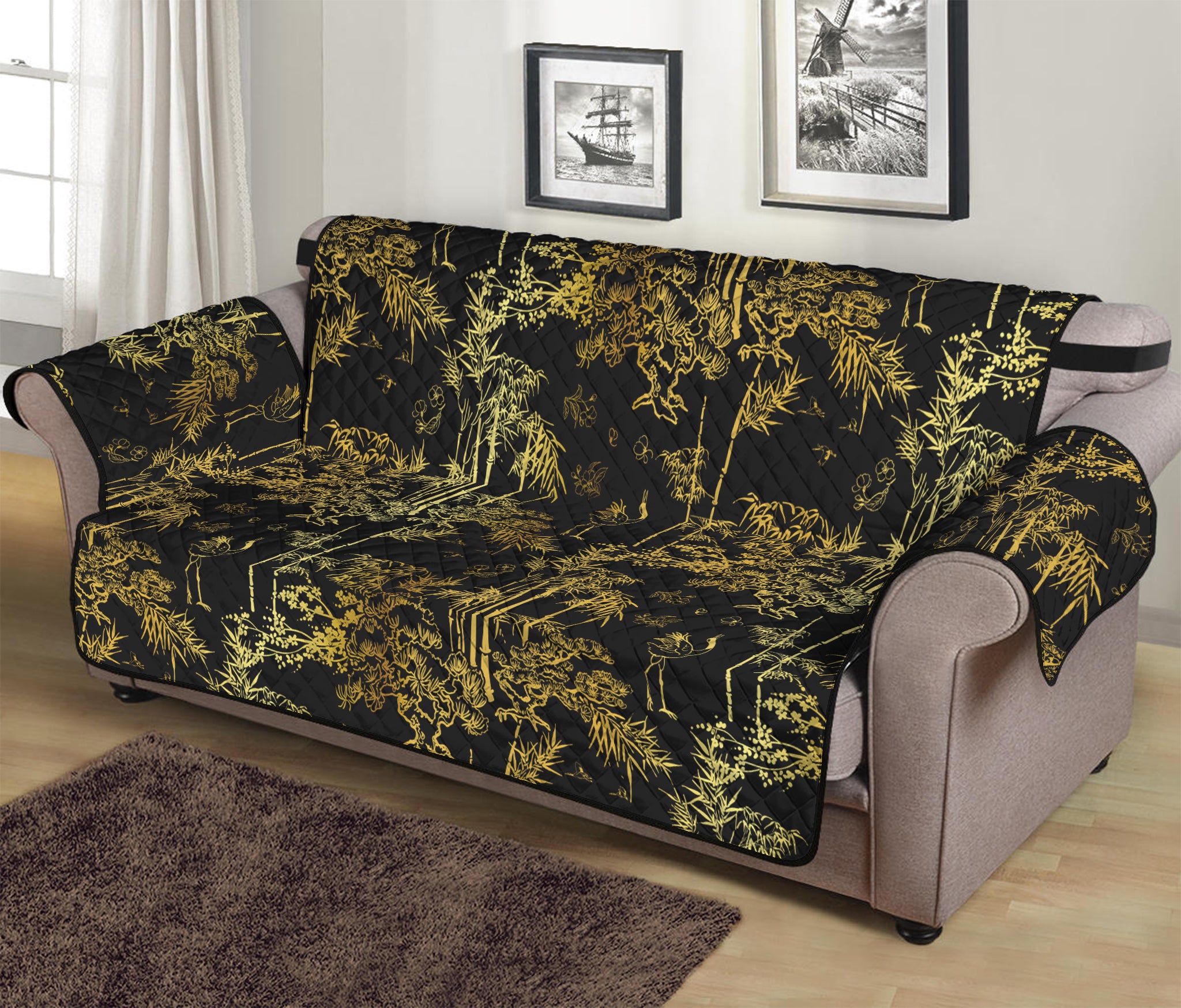 Gold And Black Japanese Bamboo Print Sofa Protector