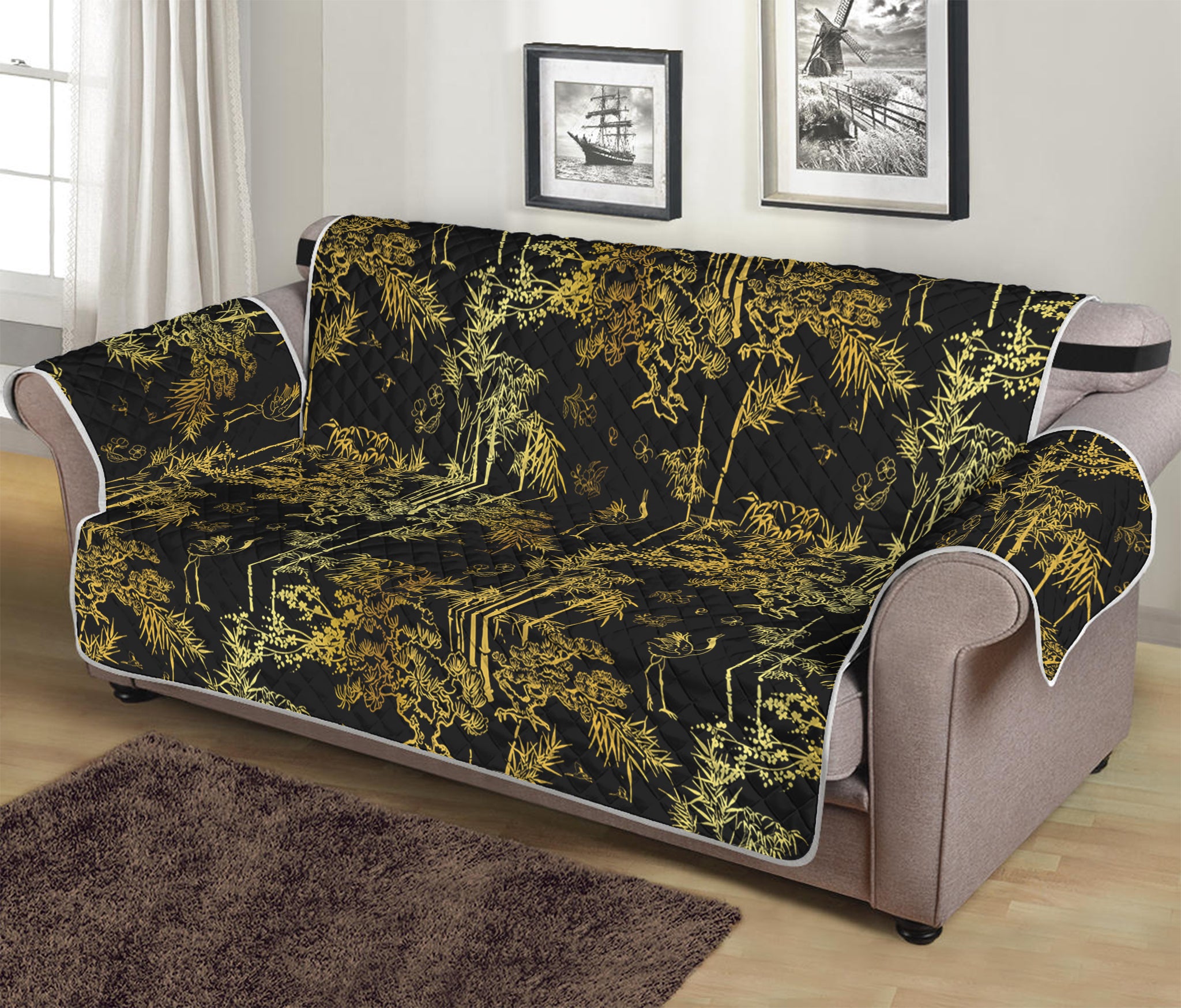 Gold And Black Japanese Bamboo Print Sofa Protector