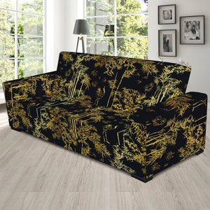 Gold And Black Japanese Bamboo Print Sofa Slipcover