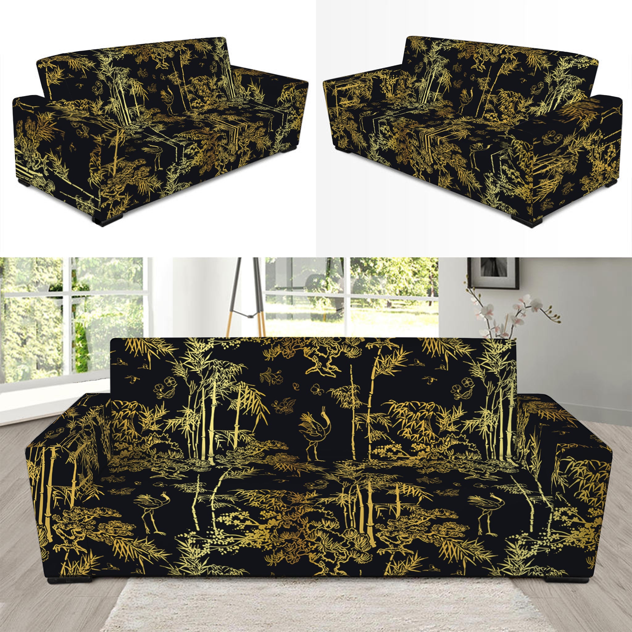 Gold And Black Japanese Bamboo Print Sofa Slipcover