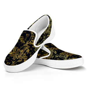 Gold And Black Japanese Bamboo Print White Slip On Shoes